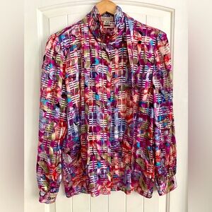 Vintage Capriccio Silk Blouse Semi Sheer Pink Silver Floral Long Sleeve Size 10